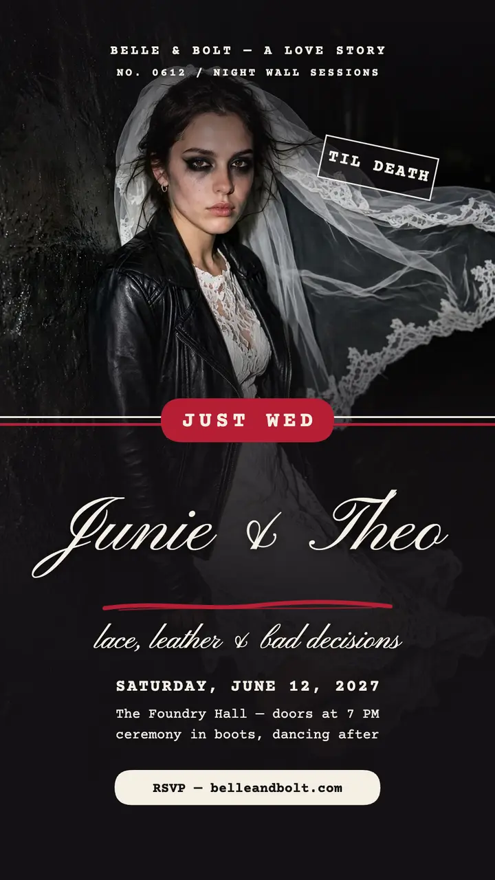 Junie and Theo leather jacket bride story: wedding announcement story template