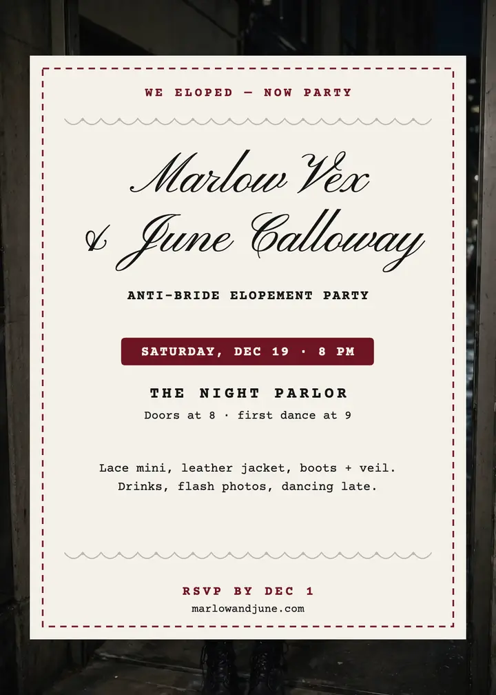 Lace and leather elopement party invitation template