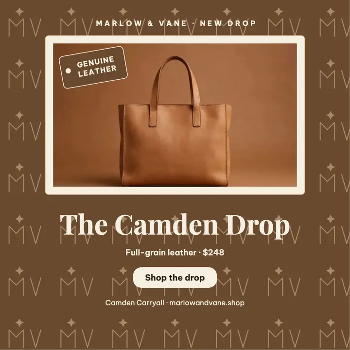 Marlow and Vane Camden Carryall drop: leather tote drop template