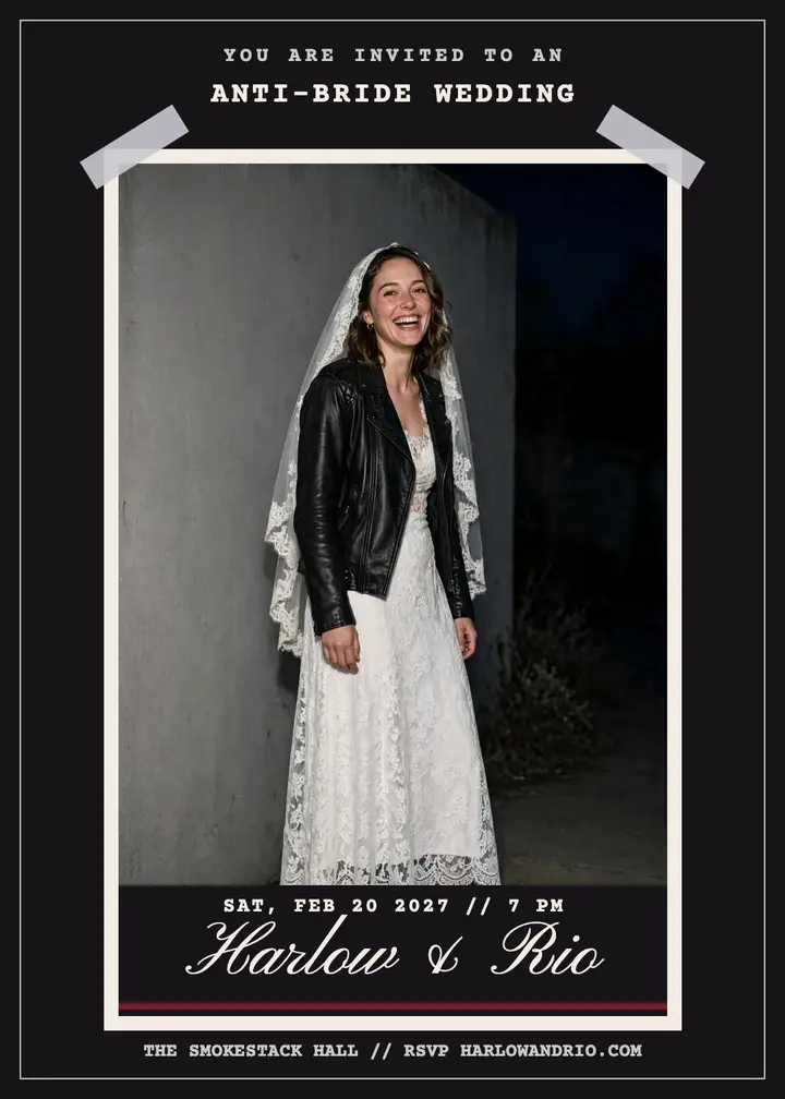 Harlow and Rio anti-bride wedding invitation template