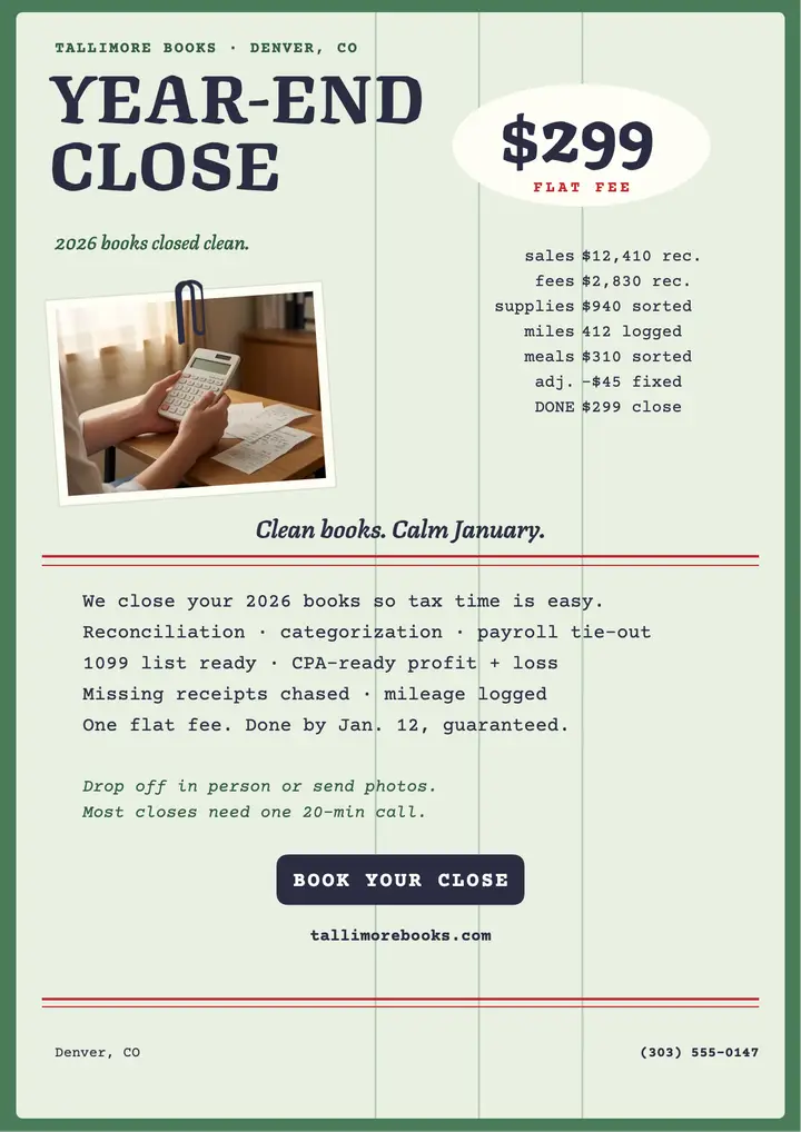Tallimore Books year-end close flyer: bookkeeper year-end flyer template