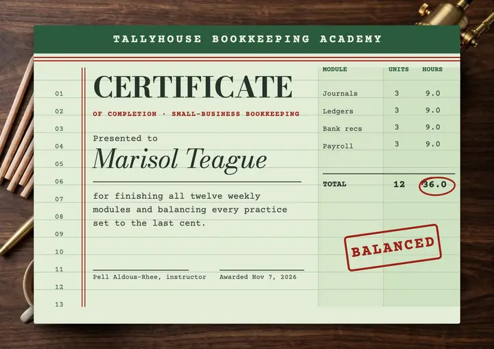 Tallyhouse bookkeeping completion certificate, ledger paper template