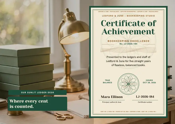 Ledford and June bookkeeping achievement certificate template