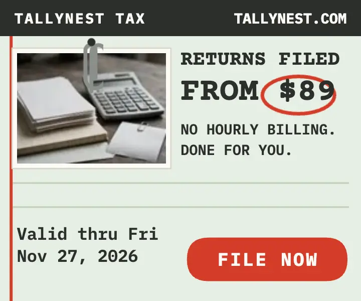 Tallynest Tax flat-fee filing rectangle ad template