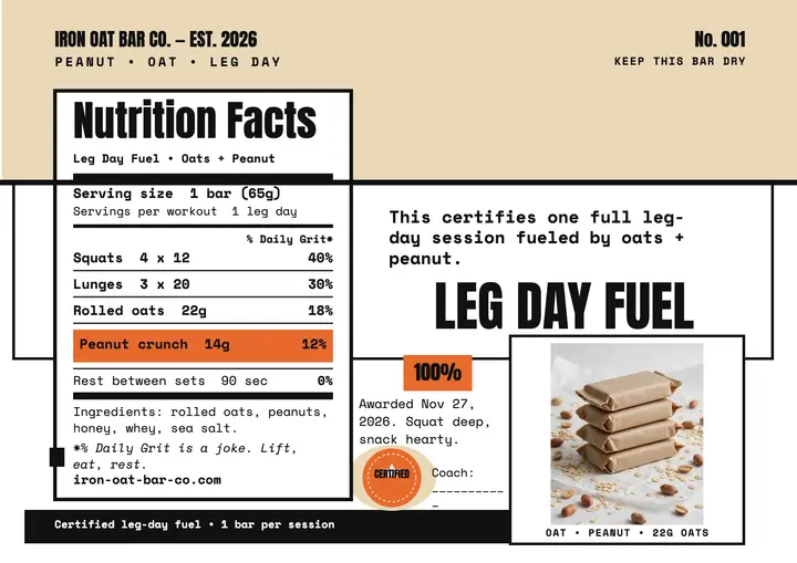 Leg Day Fuel protein bar certificate template