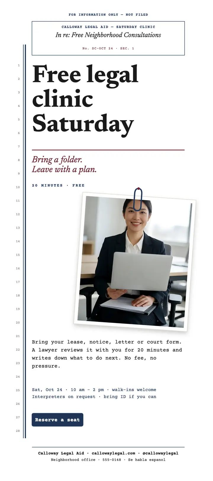 Calloway free legal clinic filing card: legal clinic rack card template