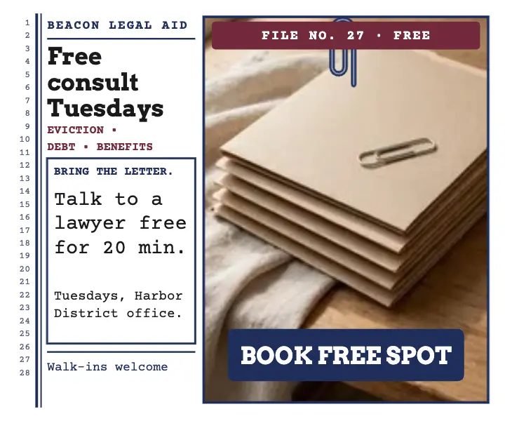 Beacon Legal Aid free consult pleading ad template