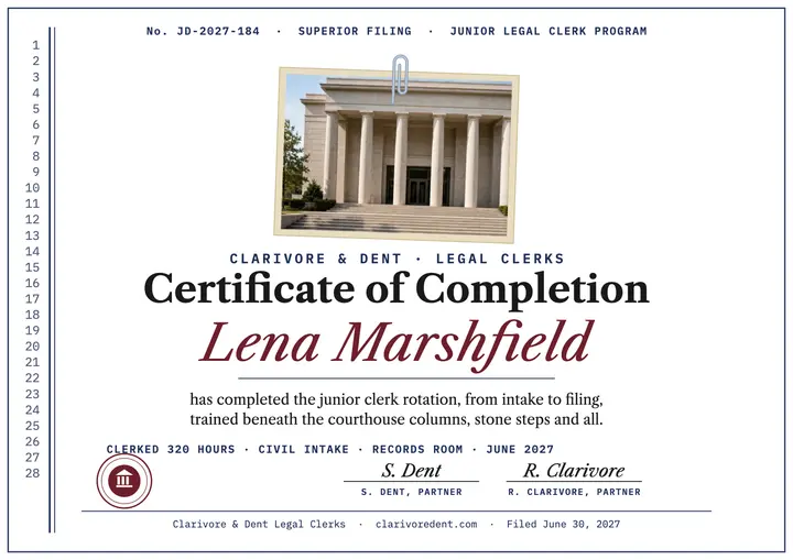 Clarivore and Dent junior clerk certificate: legal clerk certificate template