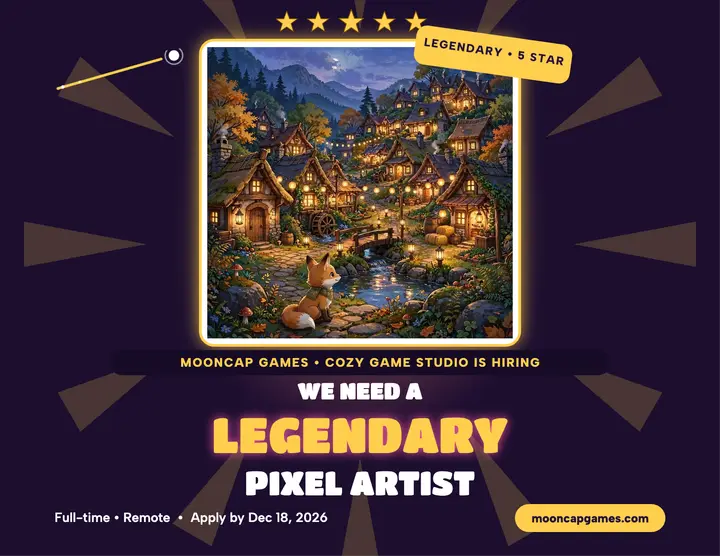 Mooncap legendary pixel artist hiring flyer: game studio hiring flyer template