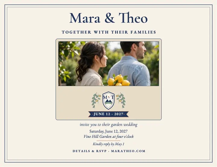 Mara Ellison and Theo Bram garden wedding invitation template
