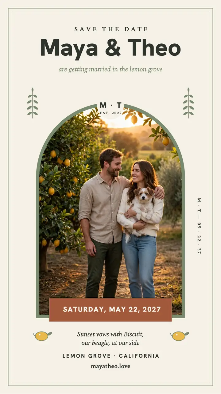 Maya and Theo lemon grove crest story: save the date story template