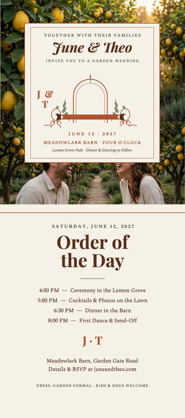 June and Theo lemon grove wedding day card: wedding order of day card template