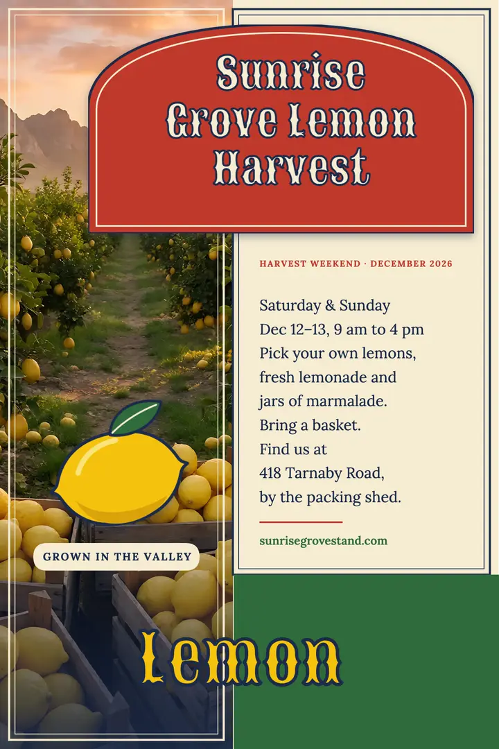 Sunrise Grove lemon harvest weekend poster template