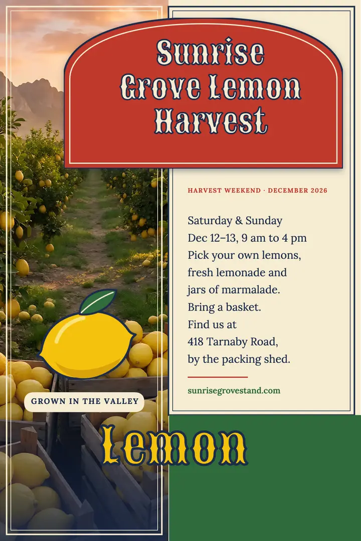 Sunrise Grove lemon harvest weekend poster: farm stand harvest poster template