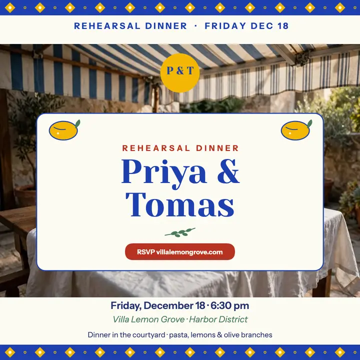 Priya and Tomas lemon grove rehearsal dinner template