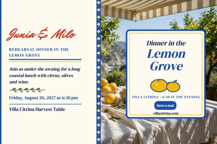 Lemon grove rehearsal dinner postcard template