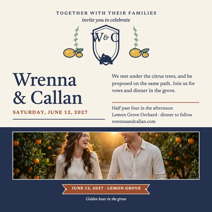 Wrenna and Callan lemon crest announcement: wedding announcement template