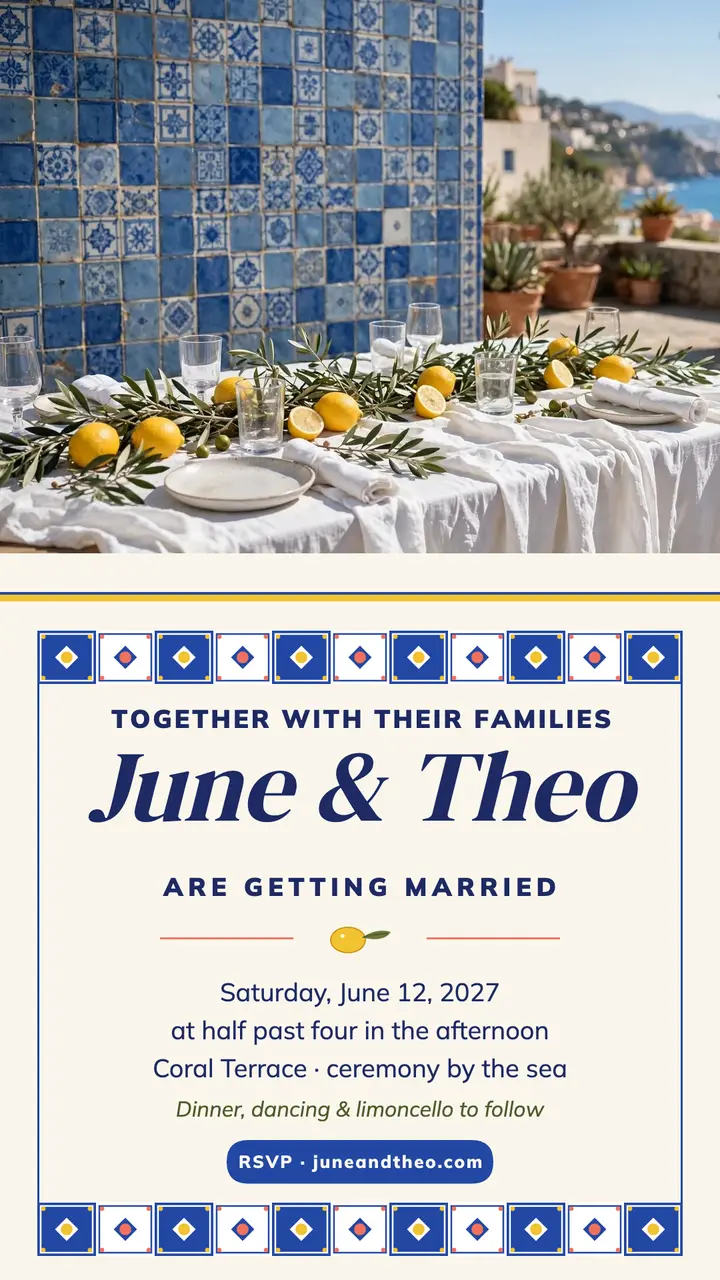 June and Theo coastal wedding story: wedding invitation story template