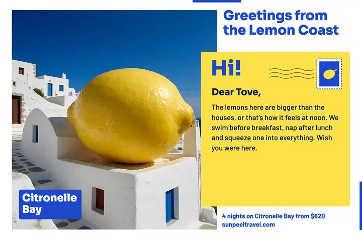 Giant lemon seaside village postcard, surreal silliness template