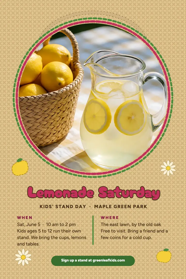 Lemonade Saturday kids stand poster: kids lemonade stand day poster template