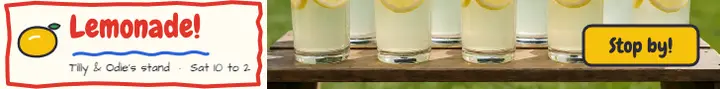 Tilly & Odie's lemonade stand banner ad, crayon doodle template