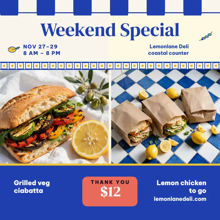 Lemonlane Deli weekend special post: sandwich weekend special post template