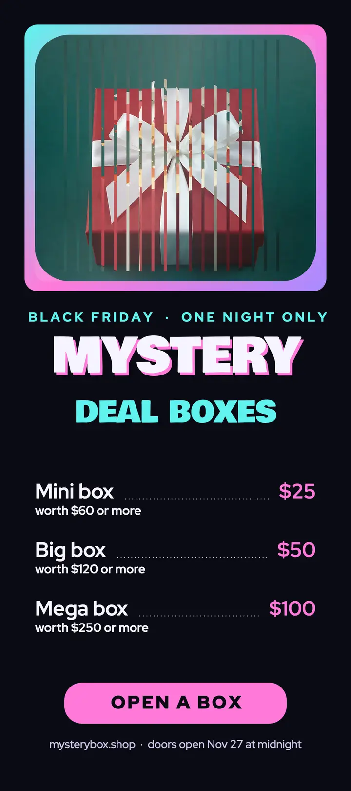Open-me Black Friday mystery gift: black friday mystery deals rack card template