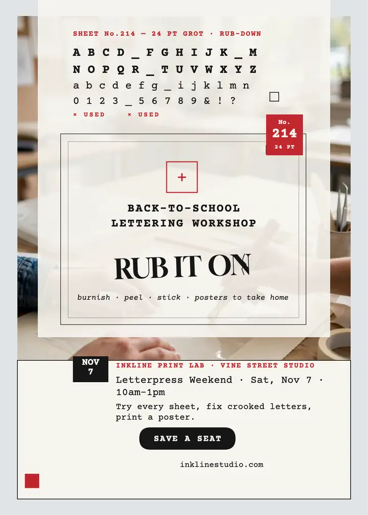 Inkline rub-down lettering workshop invite template