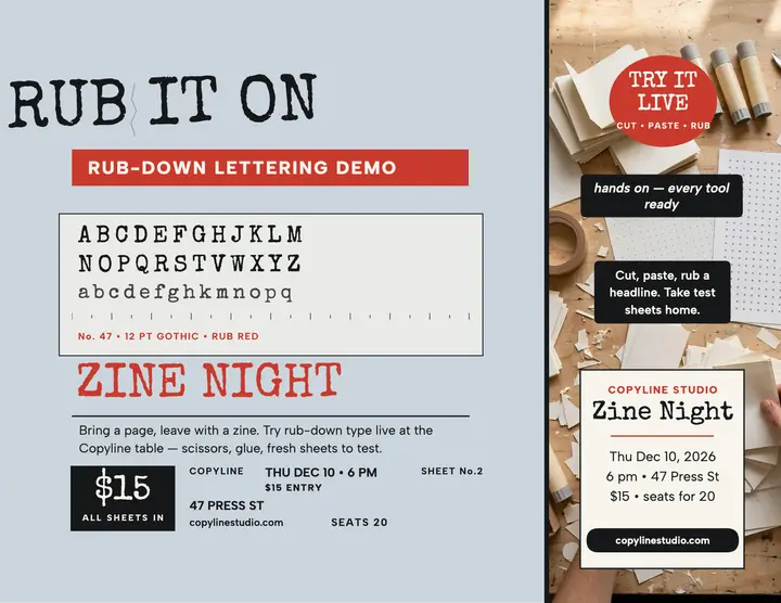 Copyline Studio zine night workshop flyer template