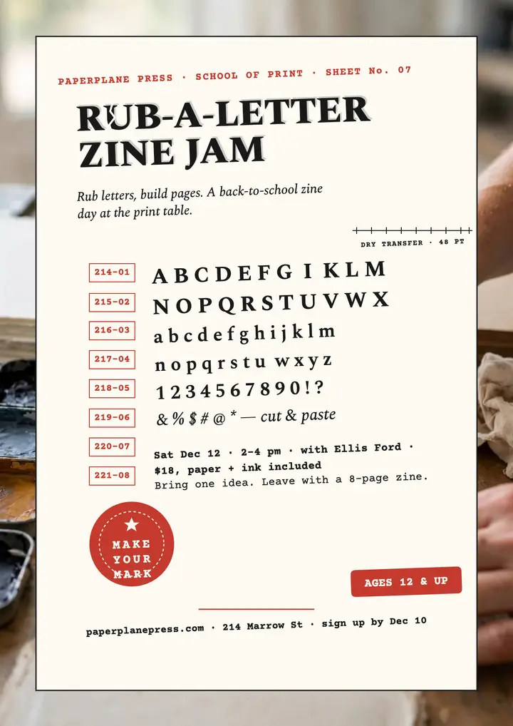 Paperplane Press zine workshop letter sheet flyer template