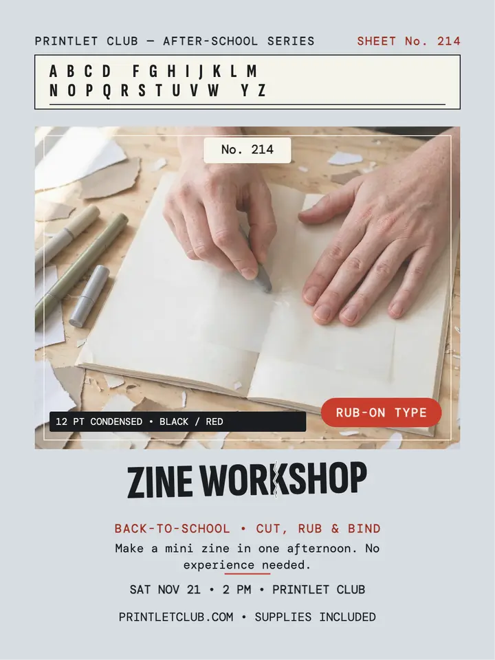 Printlet Club zine workshop letter sheet: zine workshop promo template