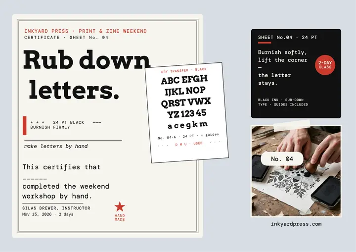 Inkyard Press rub-down lettering workshop certificate template