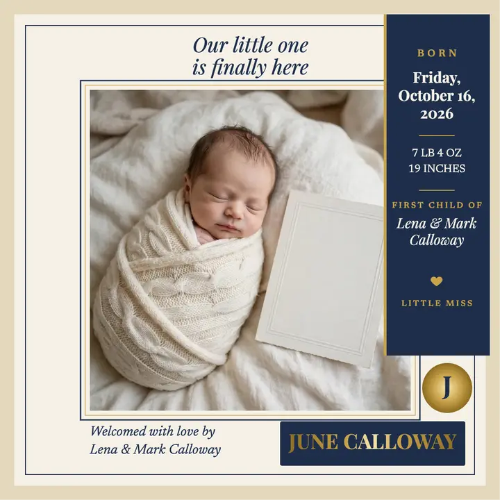 Letterpress baby birth announcement, June template