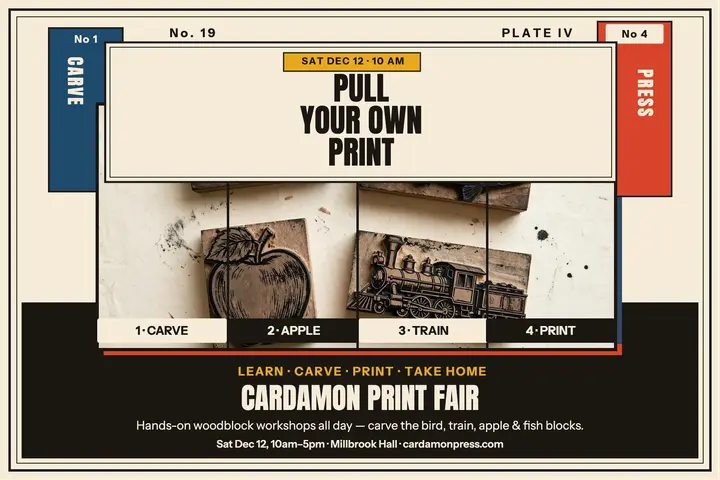Cardamon Print Fair workshops postcard: print fair postcard template