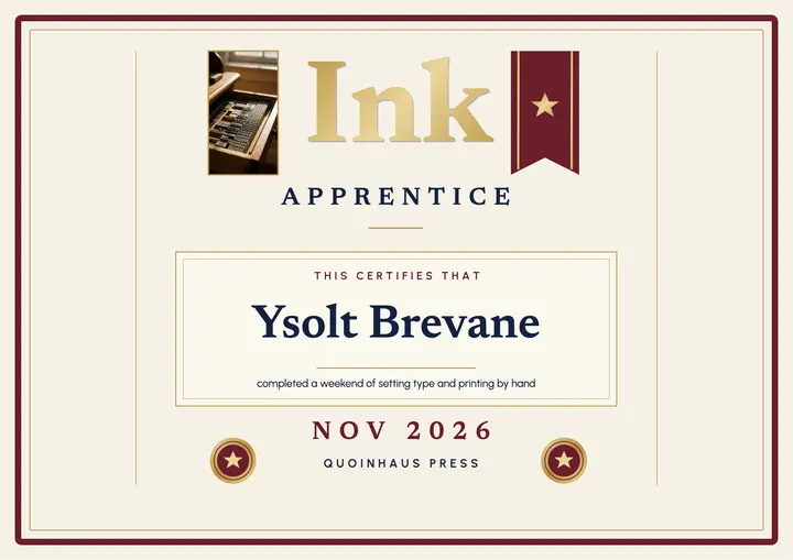 Letterpress workshop completion certificate, foil and ink: workshop completion certificate template