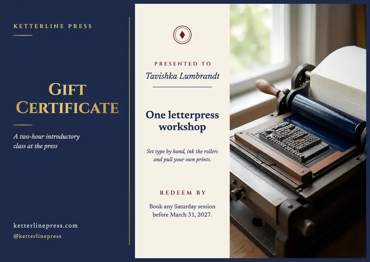 Letterpress workshop gift certificate, cotton and foil template