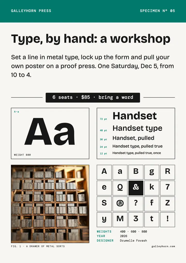 Letterpress workshop type specimen flyer: letterpress workshop flyer template