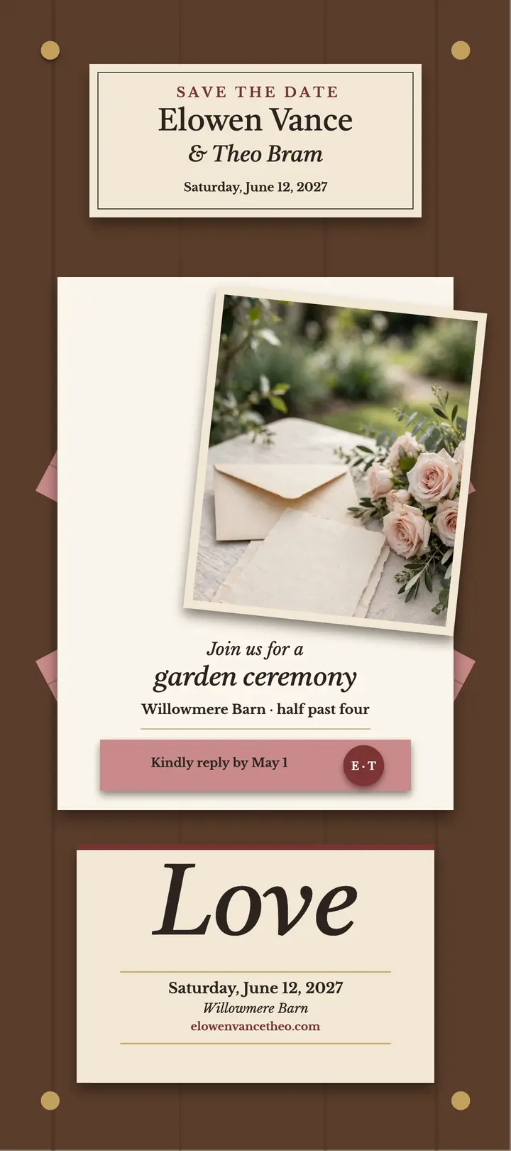 Elowen and Theo garden wedding letter rack: wedding invitation rack card template