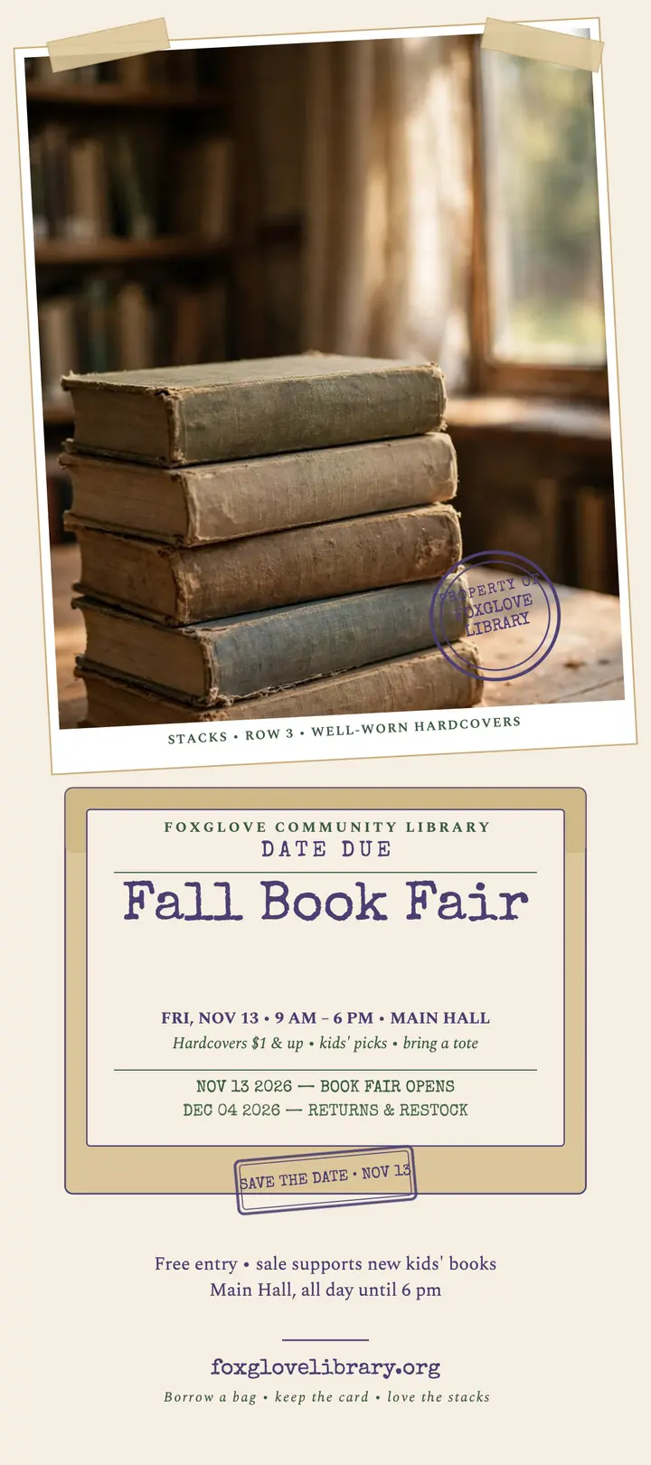 Foxglove book fair due-date rack card template