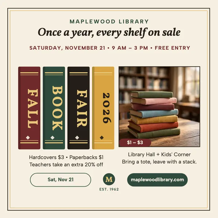 Maplewood Library fall book fair spine post: library book fair post template