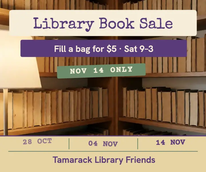 Tamarack Library Friends book sale checkout card ad template