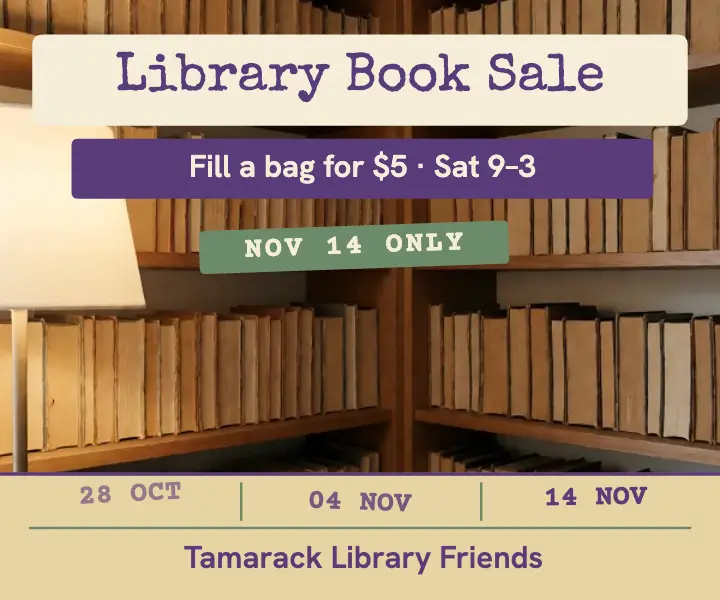 Tamarack Library Friends book sale checkout card ad template