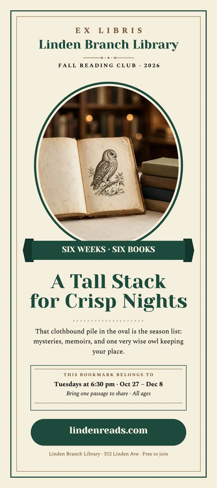 Linden fall reading club bookplate card: library reading club bookmark template