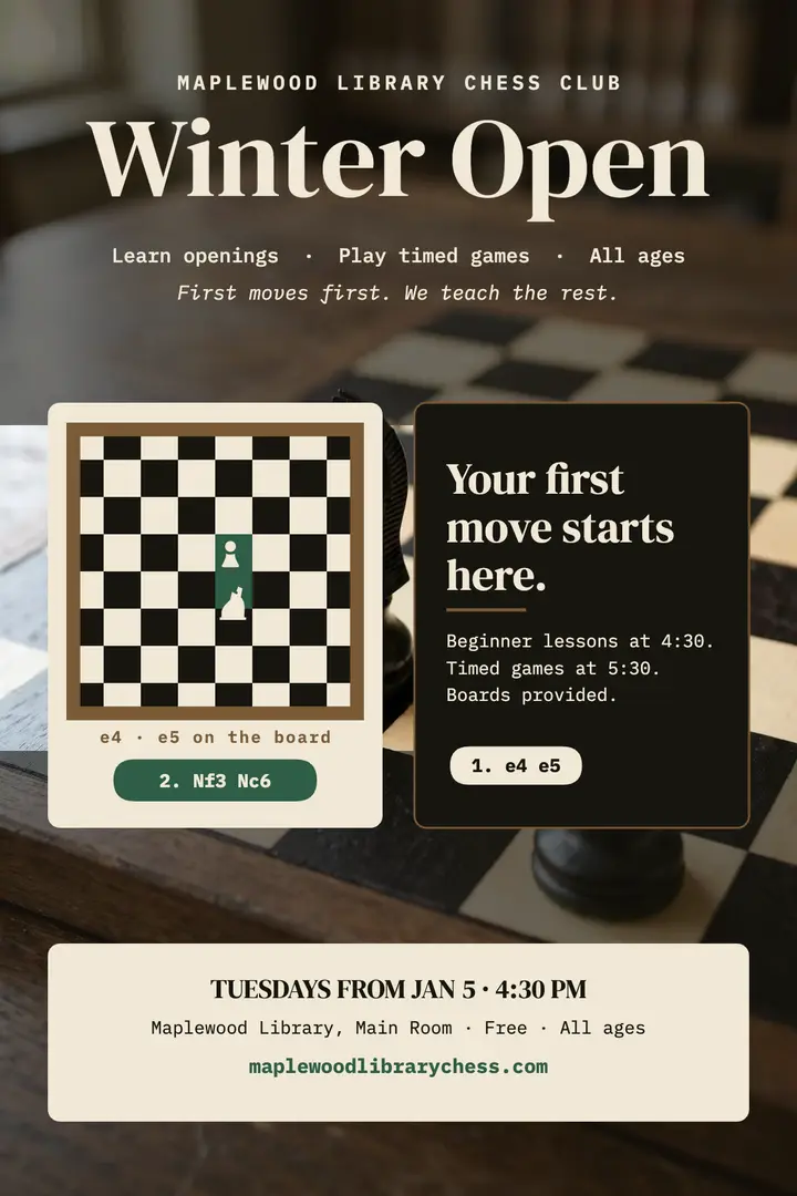 Maplewood Library Chess Club winter open poster: chess club poster template