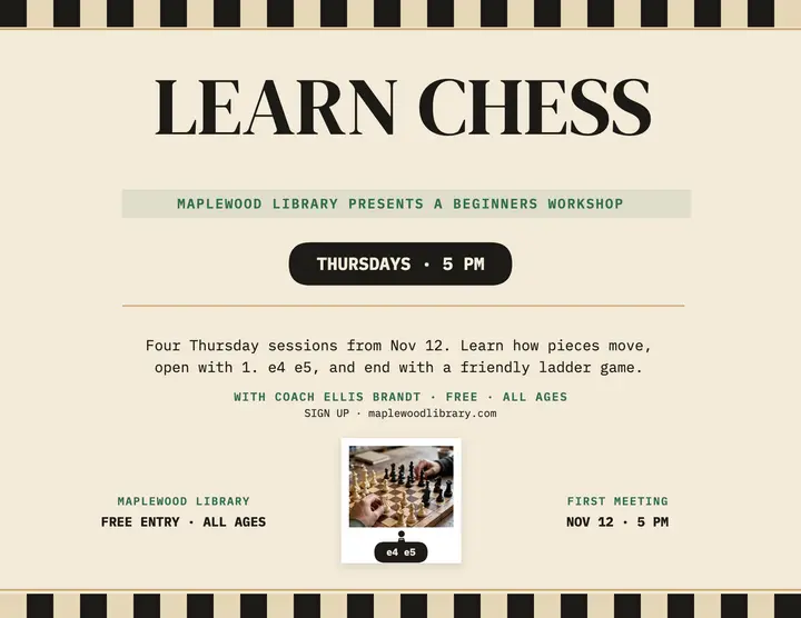 Maplewood Library chess workshop flyer: chess workshop flyer template