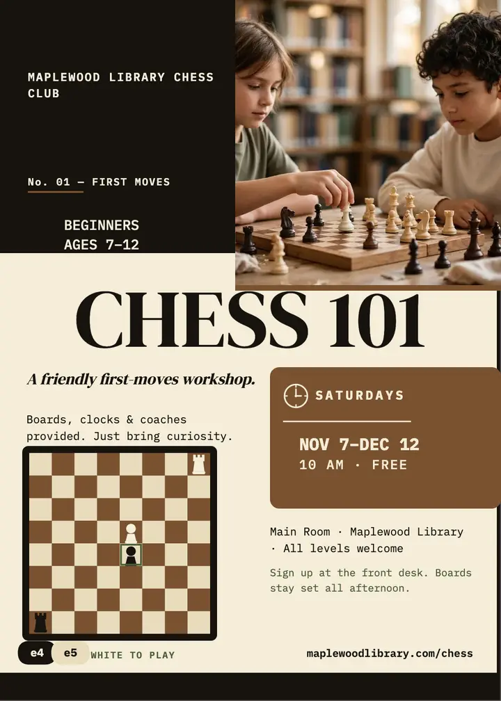 Maplewood chess workshop invitation: chess workshop invitation template