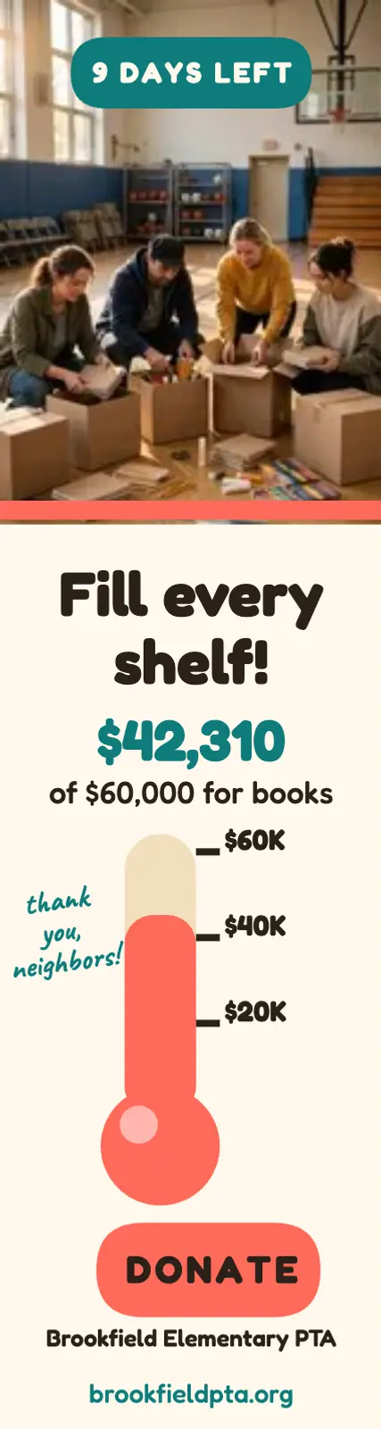 Brookfield library fund thermometer ad: school fundraiser ad template