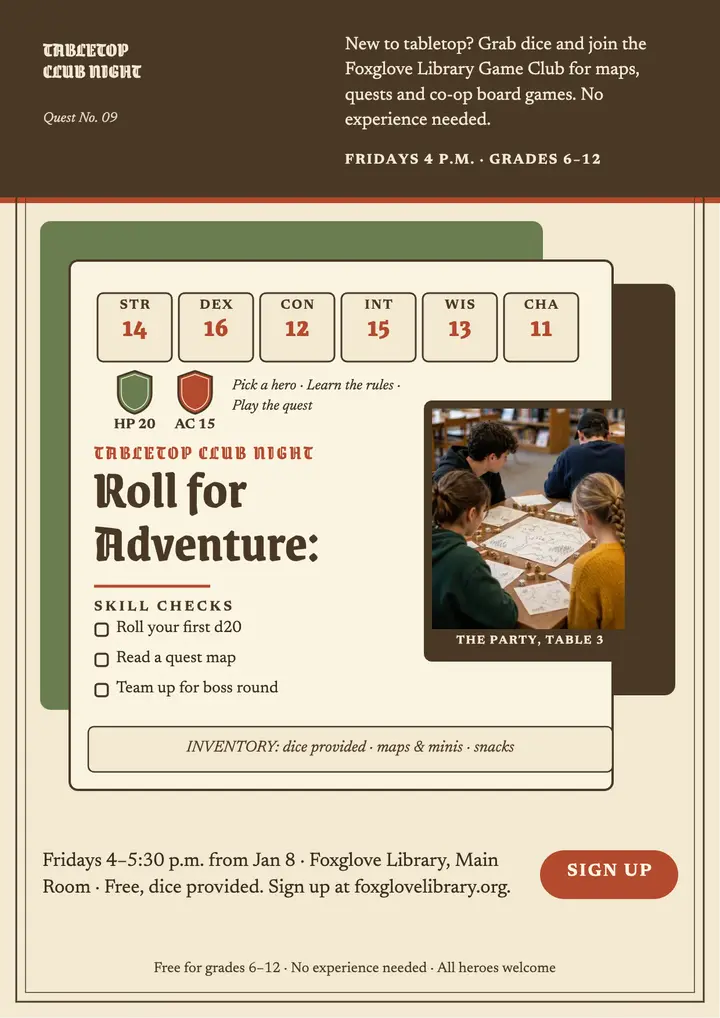 Foxglove Library game club night flyer template