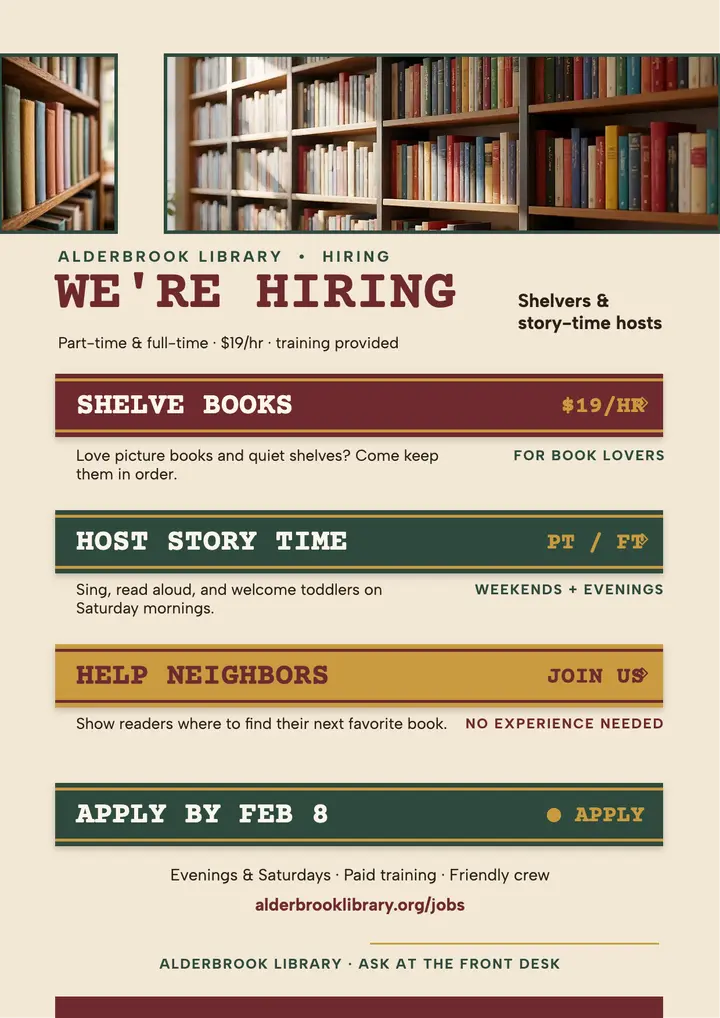 Alderbrook Library shelver hiring flyer: library hiring flyer template
