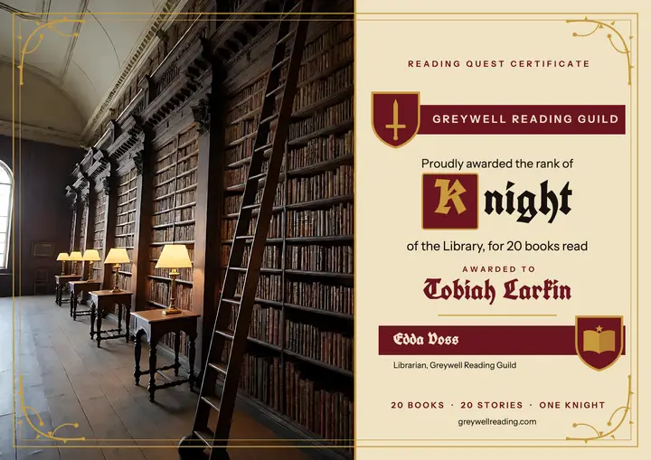 Knight of the Library reading club certificate: reading certificate template